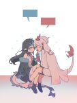  2girls :d absurdres arknights bare_shoulders black_hair black_jacket black_socks blank_speech_bubble blush_stickers boots breasts collared_dress dragon_girl dragon_horns dragon_tail dress dusk_(arknights) eye_contact fang flame-tipped_tail grey_hair highres holding horns jacket long_hair long_sleeves looking_at_another medium_breasts multicolored_hair multiple_girls necktie nian_(arknights) parted_lips pointy_ears ponytail red_eyes red_necktie sifeizui simple_background sleeveless sleeveless_dress smile socks speech_bubble streaked_hair tail very_long_hair violet_eyes white_background white_dress white_footwear white_jacket wide_sleeves 