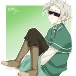  1girl black_pants border brown_footwear coat commentary gradient_background green_background green_coat grey_hair highres light_smile looking_at_viewer mushoku_tensei pants pointy_ears saitou_yoshiko short_hair short_sleeves sitting solo sunglasses sylphiette_(mushoku_tensei) symbol-only_commentary white_border white_hair 