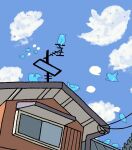  bird blue_sky clouds commentary_request day house kuro_shiro_(kuro96siro46) no_humans outdoors power_lines sky too_many twitter twitter_bird twitter_logo window 