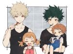  1girl 3boys bakugou_katsuki bare_shoulders black_tank_top blonde_hair blue_overalls blush boku_no_hero_academia carrying carrying_person child coi_mha collarbone feet_out_of_frame freckles green_hair holding holding_toothbrush looking_at_viewer midoriya_izuku multiple_boys overall_skirt overalls short_hair short_sleeves spiky_hair tank_top toothbrush twintails white_background 
