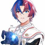  1boy alear_(fire_emblem) alear_(male)_(fire_emblem) blue_eyes blue_hair da-cart fire_emblem fire_emblem_engage gloves hair_between_eyes heterochromia highres jewelry looking_at_viewer multicolored_hair open_mouth red_eyes redhead ring short_hair solo two-tone_hair white_background 