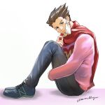  1boy ace_attorney aged_down black_hair black_pants brown_eyes full_body hugging_own_legs knees_up long_sleeves male_focus mask mask_removed mouth_mask pants phoenix_wright pink_shirt red_scarf scarf shirt shoes sitting sneakers solo spiky_hair twitter_username wakadori white_background 