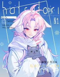  1boy absurdres androgynous animal black_cat black_gloves blue_background cat character_name closed_mouth gloves hajun_(hey_sangha) hatsutori_hajime highres holding holding_animal hood hoodie long_hair long_sleeves male_focus multicolored_background pink_hair rabbit_earmuffs red_eyes saibou_shinkyoku scarf smile solo twitter_username white_background white_hoodie white_scarf 