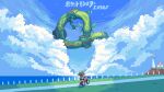  1girl bandana bicycle clouds grass green_bandana highres horizon itzah lighthouse looking_at_another looking_down looking_up may_(pokemon) ocean outdoors pixel_art pokemon pokemon_(creature) pokemon_(game) pokemon_center pokemon_emerald pokemon_rse rayquaza sidewalk sky 