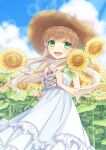  1girl blonde_hair blush bow cross-laced_clothes day dress field flower flower_field green_eyes hair_ribbon hat hat_bow holding holding_flower ibuki_ena light_particles light_rays long_hair looking_at_viewer low_twintails open_mouth original outdoors ribbon sky sleeveless sleeveless_dress smile solo straw_hat sunflower sunflower_field sunlight twintails very_long_hair 