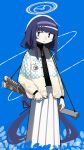  1girl alternate_costume bags_under_eyes black_shirt blue_archive blue_background blue_hair ccg hairband halo highres jewelry long_hair long_skirt necklace open_mouth shirt skirt sweater ui_(blue_archive) very_long_hair weapon white_skirt 