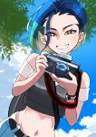  1girl akisame_kanon bare_shoulders blue_hair blue_sky bob_cut brown_eyes camera clouds crop_top green_hair grin highres holding holding_camera looking_at_viewer loose_hair_strand midriff multicolored_hair off-shoulder_shirt off_shoulder perrin_(pokemon) photographer pokemon pokemon_(game) pokemon_sv shirt short_hair short_sleeves sky smile solo tree 