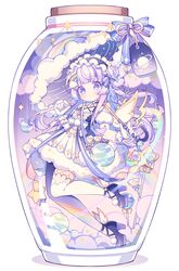  1girl bottle clouds floating frills gloves hair_ribbon headband high_heels holding holding_umbrella hyou_(pixiv3677917) original pastel_colors planet rainbow ribbon saturn_(planet) star_(symbol) thigh-highs umbrella violet_eyes white_hair white_thighhighs winged_footwear wings 