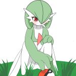  1girl :&lt; blush bob_cut closed_mouth colored_skin commentary english_commentary flat_chest full_body gardevoir green_hair green_skin hair_over_one_eye hand_on_own_knee looking_down multicolored_skin naezoo one_eye_covered outdoors poke_ball poke_ball_(basic) pokemon pokemon_(creature) reaching red_eyes short_hair simple_background solo squatting transparent_background two-tone_skin white_skin 