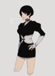  1girl arm_at_side arm_guards armor black_dress black_hair bleach choker cosplay cropped_legs dress grey_background hand_on_own_hip highres juliet_sleeves kurotsuchi_nemu kurotsuchi_nemu_(cosplay) long_sleeves looking_at_viewer lowce_oniku maki_risa parted_bangs parted_lips pencil_dress puffy_sleeves sash short_dress short_hair sidelocks simple_background solo v-neck violet_eyes world_trigger 