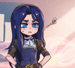  1girl aged_down annoyed ascot belt blue_eyes brown_belt caitlyn_(league_of_legends) flat_chest hands_on_own_hips league_of_legends long_hair multicolored_background phantom_ix_row purple_hair short_sleeves smile solo squiggle teeth upper_body 