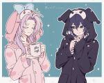  2boys ahoge androgynous aqua_background border closed_eyes closed_mouth colored_eyelashes cosplay cup hajun_(hey_sangha) hatsutori_hajime highres holding holding_cup kuromi kuromi_(cosplay) long_hair male_focus mug multiple_boys my_melody my_melody_(cosplay) onegai_my_melody pink_hair purple_hair saibou_shinkyoku short_hair smile utsugi_noriyuki violet_eyes wavy_hair white_border 