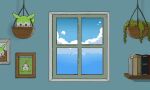  animated animated_gif basket blinking blue_sky book bookshelf closed_mouth clouds commentary_request day hanging_plant horizon indoors looking_at_viewer looping_animation no_humans photo_(object) picture_frame sky smile solo susukisugar voiceroid window zundamon 