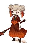  1girl adapted_costume black_eyes brown_footwear commentary_request double_bun e.g.o_(project_moon) employee_(lobotomy_corporation) full_body hair_bun hair_ribbon highres hoshizuki_sakusa japanese_clothes kimono light_brown_hair lobotomy_corporation no_nose orange_kimono orange_ribbon project_moon ribbon short_sleeves simple_background solo sparkling_eyes white_background 