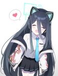 1girl :d ^_^ absurdly_long_hair animal_ear_headphones animal_ears aris_(blue_archive) black_hair black_skirt blue_archive blue_necktie cat_ear_headphones closed_eyes collared_shirt commentary_request ecila_(cookie0q0) fake_animal_ears hair_between_eyes halo headphones heart highres jacket leaning_forward long_bangs long_hair long_sleeves looking_at_viewer necktie one_side_up open_clothes open_jacket plaid plaid_skirt pleated_skirt school_uniform shirt simple_background skirt smile solo spoken_heart sukajan tie_clip very_long_hair white_background white_shirt 