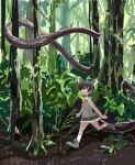  1girl animal_ears arms_at_sides black_hair black_skirt boots bow clenched_hands closed_mouth collared_shirt commentary_request dark-skinned_female dark_skin day expressionless footwear_bow forest fossa_(kemono_friends) grey_bow grey_footwear grey_vest kemono_friends kneehighs looking_up miniskirt mud nature neck_ribbon outdoors pero_(sabuaka_bacon) red_ribbon ribbon shirt short_hair skirt sleeveless sleeveless_shirt slit_pupils socks solo sweater_vest tree very_long_tail vest walking white_shirt white_socks wide_shot yellow_eyes 