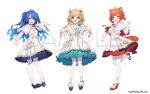  3girls :d ahoge amamiya_kokoro animal_ear_fluff animal_ears beret black_footwear blue_eyes blue_hair brown_hair capelet dress eli_conifer frilled_dress frills gradient_hair hair_ornament hairclip hat loafers long_hair low_twintails multicolored_hair multiple_girls nijisanji official_art orange_hair outstretched_arms pantyhose ratna_petit red_eyes red_footwear ringlets sample_watermark shoes simple_background smile standing standing_on_one_leg striped_tail tail twintails two_side_up very_long_hair virtual_youtuber white_background white_capelet white_dress white_headwear white_pantyhose x_hair_ornament yamabukiiro 