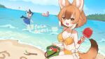  3girls alternate_costume animal_ears bare_shoulders beach bikini black_hair blonde_hair blue_dress blue_eyes blue_hair blush bow bowtie bucket cetacean_tail collarbone commission common_dolphin_(kemono_friends) dhole_(kemono_friends) dog_ears dog_girl dog_tail dolphin_girl dorsal_fin dress extra_ears fang fins fish_tail frilled_dress frills grey_hair hair_between_eyes innertube kemono_friends light_brown_hair looking_at_viewer meerkat_(kemono_friends) meerkat_ears midriff multicolored_hair multiple_girls navel noamem ocean open_mouth sailor_collar sailor_dress sand short_hair shovel sidelocks skeb_commission swimsuit tail translation_request two-tone_hair waist_bow waving white_hair wristband yellow_bikini yellow_bow yellow_bowtie yellow_eyes 