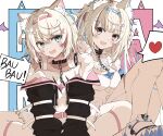  2girls absurdres animal_ears bandaid_hair_ornament black_jacket blonde_hair blue_eyes blue_hair blush breasts cross_hair_ornament dog_ears dog_tail dress fang fuwawa_abyssgard hair_ornament hairclip headphones headphones_around_neck heart highres hololive jacket kani02030 long_hair looking_at_viewer medium_hair mococo_abyssgard multicolored_hair multiple_girls open_mouth pink_eyes pink_hair shoes siblings sitting sneakers streaked_hair tail twins two_side_up virtual_youtuber white_dress white_footwear 