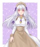  1girl absurdres alternate_breast_size apron blush border braid breasts brown_apron closed_mouth commentary dress fire_emblem fire_emblem:_three_houses fire_emblem_heroes hair_between_eyes hair_ribbon hazuki_(nyorosuke) highres juliet_sleeves long_hair long_sleeves looking_at_viewer lysithea_von_ordelia lysithea_von_ordelia_(tea_party) maid_headdress medium_breasts official_alternate_costume outside_border pink_eyes puffy_sleeves purple_background purple_ribbon ribbon simple_background smile twin_braids waist_apron white_border white_dress white_hair 