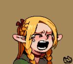  1girl 3h1nu blonde_hair braid brown_background choker closed_eyes crying dungeon_meshi elf facing_viewer french_braid furrowed_brow hair_around_ear half_updo long_hair lowres marcille multiple_braids open_mouth parted_hair pixel_art pointy_ears portrait scene_reference side_braids simple_background solo tantrum 
