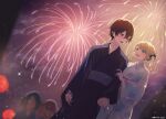  1boy 1girl absurdres aerial_fireworks bag black_hair blonde_hair blue_eyes blue_kimono blush bow copyright fireworks floral_print hair_bow hair_bun highres holding holding_bag holding_hands japanese_clothes keikenzumi_na_kimi_to_keiken_zero_na_ore_ga_otsukiai_suru_hanashi. kimono long_sleeves looking_at_another magako night official_art open_mouth outdoors print_kimono promotional_art runa_shirakawa ryuuto_kashima short_hair sky striped striped_kimono vertical-striped_kimono vertical_stripes white_kimono wide_sleeves 