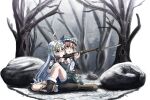  2_ru 2girls absurdres aoba_chika gun highres long_hair magia_record:_mahou_shoujo_madoka_magica_gaiden mahou_shoujo_madoka_magica miura_asahi multiple_girls short_hair snow tree very_long_hair weapon winter yuri 