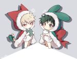  2boys alternate_costume anger_vein animal_ears bakugou_katsuki blush boku_no_hero_academia bow cape cat_ears cat_tail chibi coi_mha fake_animal_ears flying_sweatdrops freckles full_body fur-trimmed_cape fur_trim green_eyes holding hood hooded_cape large_bow midoriya_izuku multiple_boys rabbit_ears red_bow red_eyes short_hair standing stuffed_toy tail tearing_up 