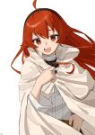  1girl ahoge black_hairband cloak eris_greyrat hair_between_eyes hairband hand_on_own_hip highres long_hair long_sleeves looking_at_viewer mushoku_tensei open_mouth red_eyes redhead shirt simple_background solo songchuan_li white_background white_shirt 