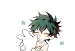  1boy animal blush boku_no_hero_academia chibi closed_eyes coi_mha freckles green_hair grey_shirt holding holding_animal messy_hair midoriya_izuku rabbit shirt short_hair short_sleeves simple_background solo translation_request 