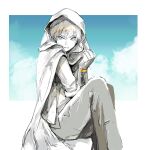  1boy blue_sky border buttons clenched_hand cloak clouds commentary_request crossed_legs eyelashes greyscale_with_colored_background highres hood hood_up hooded_cloak jacket long_sleeves looking_at_viewer necktie open_clothes open_jacket open_mouth pants ranko_no_ane short_hair sitting sketch sky spot_color suit touken_ranbu v-shaped_eyebrows wavy_mouth white_border yamanbagiri_kunihiro 