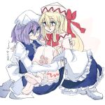  2girls apron artist_name blonde_hair blue_eyes blue_hair dated hat highres koyane_(silver81106) letty_whiterock lily_pad long_hair looking_at_another medium_hair multiple_girls on_ground signature sitting touhou triangular_headpiece waist_apron white_apron white_background 