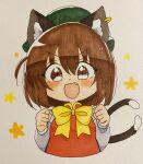  1girl animal_ear_fluff animal_ears blush bow brown_eyes brown_hair cat_ears cat_girl cat_tail chen clenched_hands commentary_request cropped_torso dress ear_piercing green_headwear grey_background grey_shirt hair_between_eyes hat highres long_sleeves looking_at_viewer mob_cap multiple_tails piercing puffy_long_sleeves puffy_sleeves red_dress shirt simple_background sleeveless sleeveless_dress solo tail totoharu_(kujirai_minato) touhou traditional_media two_tails upper_body v-shaped_eyebrows yellow_bow 