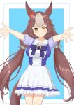  1girl absurdres animal_ears blue_background breasts brown_hair closed_mouth collarbone hair_between_eyes hair_ornament highres horse_ears horse_girl horse_tail incoming_hug long_hair looking_at_viewer low_twintails medium_breasts outstretched_arms school_uniform simple_background smile solo spread_arms tail twintails umamusume user_edzt8284 yamanin_zephyr_(umamusume) yellow_eyes 