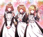  3girls ahoge apron backsusang black_dress blonde_hair blue_eyes braid collared_dress commentary crown_braid dress duster english_commentary feet_out_of_frame frilled_apron frills green_eyes hair_ornament hairband hairclip highres hod_(project_moon) holding holding_duster holding_notepad holding_pen juliet_sleeves library_of_ruina long_hair long_sleeves looking_at_viewer maid malkuth_(project_moon) medium_hair multiple_girls notepad open_mouth pen project_moon puffy_sleeves red_hairband sidelocks sweat tiphereth_a_(project_moon) very_long_hair white_apron 