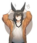  1boy animal_ears black_hair commentary_request final_fantasy final_fantasy_xiv hair_between_eyes hood hoodie long_sleeves looking_at_viewer male_focus medium_hair niboshi_kom orange_hoodie rabbit_boy rabbit_ears shirt solo sweatdrop upper_body viera warrior_of_light_(ff14) white_background white_shirt yellow_eyes 