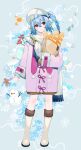  1girl absurdres bag baguette bilibili blue_hair boots bread brown_shorts cake cake_slice character_request closed_mouth coat commentary_request cup food fringe_trim full_body fur-trimmed_sleeves fur_trim grey_background hair_between_eyes hair_ornament head_tilt highres long_hair long_sleeves looking_at_viewer object_hug official_art paper_bag pink_coat prophet_chu red_eyes sandwich scarf shorts simple_background sleeves_past_wrists smile snowman solo standing star_(symbol) star_hair_ornament white_footwear white_scarf 