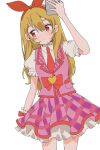  1girl aikatsu! aikatsu!_(series) blonde_hair blush bow closed_mouth collared_shirt cowboy_shot debu_kon_kan_debu hair_between_eyes hair_bow hairband hand_up highres hoshimiya_ichigo idol_clothes long_hair looking_to_the_side necktie petticoat pink_skirt pink_vest pleated_skirt puffy_short_sleeves puffy_sleeves red_bow red_eyes red_hairband red_necktie shirt short_sleeves simple_background skirt solo standing vest white_background white_shirt wrist_cuffs 