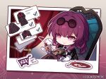  1girl chair chibi closed_mouth copyright_name crossed_legs cup drinking_glass earrings holding holding_cup honkai:_star_rail honkai_(series) jewelry kafka_(honkai:_star_rail) magazine_(object) official_art ponytail purple_hair shopping sitting smile solo upper_body violet_eyes wine_glass 