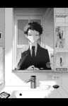  1boy adjusting_clothes bathroom blazer cup door expressionless faucet greyscale highres jacket kazama_souya kzmsnmjkk letterboxed light_switch long_sleeves male_focus mirror monochrome necktie reflection reflection_focus sink soap solo spiky_hair straight-on suit sunlight toothpaste towel world_trigger 