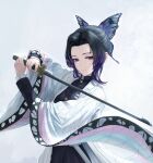  1girl absurdres black_hair butterfly_hair_ornament closed_mouth commentary demon_slayer_uniform expressionless gradient_hair hair_ornament haori highres holding holding_sword holding_weapon japanese_clothes kimetsu_no_yaiba kochou_shinobu looking_at_viewer multicolored_hair parted_bangs purple_hair revision sidelocks simple_background solo sword sword_writing tooku0 two-tone_hair updo upper_body violet_eyes weapon wide_sleeves 