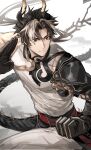  0_0himawa 1boy arknights armor belt black_hair black_skin chong_yue_(arknights) clenched_hand clouds colored_skin commentary_request dragon_boy dragon_horns dragon_tail fighting_stance grey_hair hand_up highres horns korean_commentary long_hair looking_at_viewer male_focus mixed-language_commentary multicolored_hair pants ponytail red_belt red_eyes serious shirt shoulder_armor simple_background solo streaked_hair tail tassel toned toned_male white_background white_pants white_shirt 