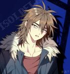  1boy absurdres blue_background blue_coat brown_hair character_name coat facing_viewer fur-trimmed_coat fur_trim grey_eyes hajun_(hey_sangha) highres isoi_reiji looking_at_viewer male_focus parted_lips red_shirt saibou_shinkyoku shadow shirt solo teeth 