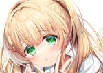  1girl blonde_hair blush chi_no close-up commentary double_v eyelashes eyes_visible_through_hair green_eyes hair_between_eyes hair_intakes hair_ornament hair_over_shoulder highres long_hair looking_at_viewer parted_lips shirt simple_background solo summer_pockets tsumugi_wenders twintails v white_background white_shirt x_hair_ornament 