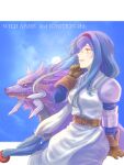  1girl anastasia_valeria armor armored_dress belt blue_hair breasts clouds copyright_name dress full_moon gloves hair_ornament hairband long_hair low-tied_long_hair luceid_(wild_arms) mole moon papico0154 red_hairband smile twintails very_long_hair wild_arms wild_arms_2 