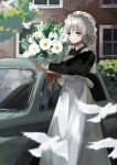  1girl alternate_costume apron bird black_dress blunt_bangs bouquet car closed_mouth day dove dress enmaided flower grey_eyes grey_hair highres holding holding_bouquet long_sleeves looking_at_viewer maid motor_vehicle nukuyu_haru original outdoors short_hair solo twitter_username white_apron white_flower 