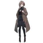  1girl artist_request belt black_shirt blue_eyes blue_pants boots breasts brown_coat brown_footwear brown_hair buttons coat cross-laced_footwear full_body girls_frontline hand_in_pocket holding holding_microphone id_card jacket lace-up_boots lanyard long_sleeves looking_at_viewer medium_breasts medium_hair microphone official_alternate_costume official_art open_clothes open_coat pants parted_lips reporter shadowless_(girls&#039;_frontline) shirt short_hair simple_background solo standing transparent_background 