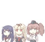  3girls akara_kai akatsuki_(kancolle) akatsuki_kai_ni_(kancolle) atlanta_(kancolle) black_eyes black_hair black_headwear black_ribbon black_sailor_collar black_serafuku black_skirt blonde_hair breasts brown_hair dress_shirt garrison_cap gloves grey_eyes hair_flaps hair_ornament hair_ribbon hairclip hat high-waist_skirt kantai_collection large_breasts long_hair long_sleeves messy_hair multiple_girls neckerchief negative_space partially_fingerless_gloves pointing red_eyes red_neckerchief ribbon sailor_collar scarf school_uniform serafuku shirt skirt suspender_skirt suspenders two_side_up upper_body white_gloves white_sailor_collar white_scarf white_shirt yuudachi_(kancolle) yuudachi_kai_ni_(kancolle) 