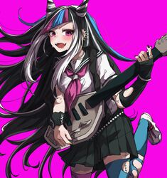  1girl :d asymmetrical_legwear black_hair black_scrunchie blue_hair blue_thighhighs breasts danganronpa_(series) danganronpa_2:_goodbye_despair ear_piercing fangs hair_horns highres holding_guitar jewelry lip_piercing long_hair looking_at_viewer mioda_ibuki mismatched_legwear mouth_piercing multicolored_hair neckerchief necklace open_mouth piercing pink_background pink_eyes pink_hair pink_neckerchief pink_thighhighs ring sailor_collar scar school_uniform scrunchie serafuku shirt short_sleeves simple_background skirt smile solo stitches thigh-highs torn_clothes torn_thighhighs white_hair wrist_scrunchie zui_nianshao 