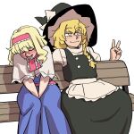  2girls absurdres alice_margatroid apron bench between_legs black_headwear blonde_hair blue_dress blush bow braid capelet closed_eyes closed_mouth commentary dress eddybird55555 hairband hand_between_legs hat hat_bow highres kirisame_marisa long_hair multiple_girls red_hairband side_braid simple_background single_braid sitting touhou v waist_apron white_apron white_background white_bow white_capelet witch_hat yellow_eyes yuri 